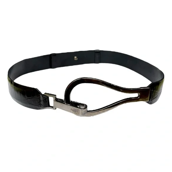 Carlisle Black Croc-Embossed Leather Belt with Sculptural Silver Buckle, Small - Picture 12 of 13